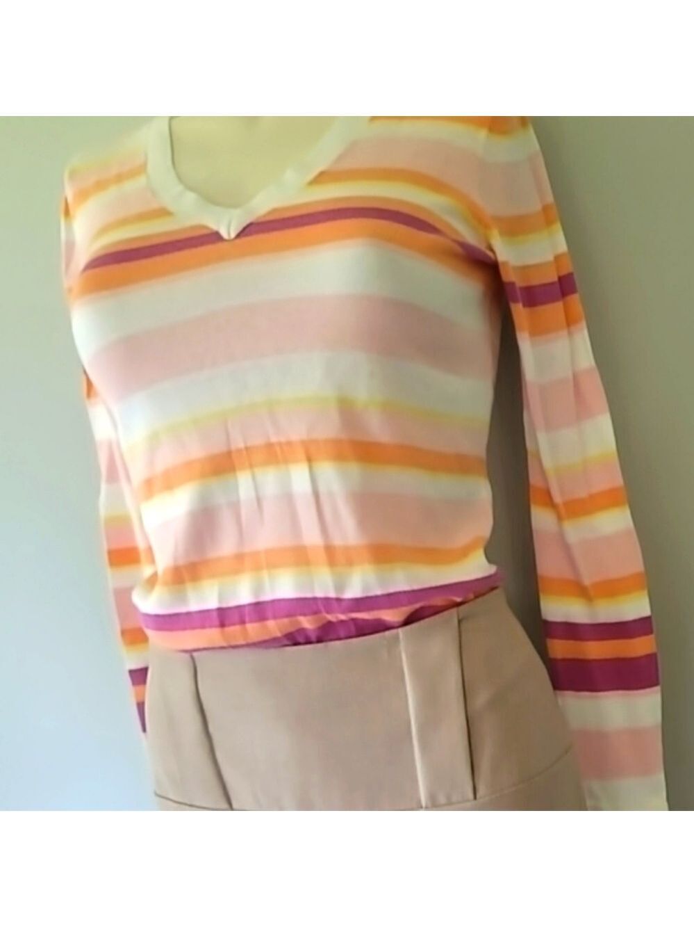 IZOD Petite V-Neck Long Sleeve Multicolor Striped Sweater Size XS